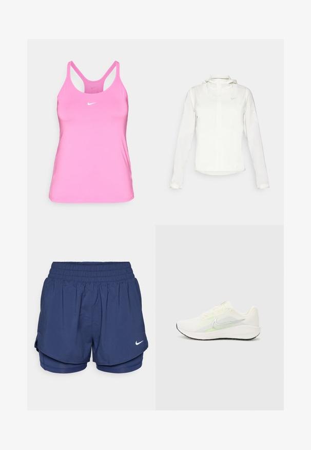 White Nike jacket with a hood, full zip, elastic cuffs, and a subtle logo on the chest. Smooth texture and lightweight design.; Pink Nike tank top with thin straps and a small white swoosh logo on the front. The background is plain white.; Navy blue double-layer sports shorts with elastic waistband and white Nike swoosh logo on front right side.; Nike Performance DOWNSHIFTER 13 - Road running shoes - sail/silver-coloured photon dust/summit white/barely volt/black