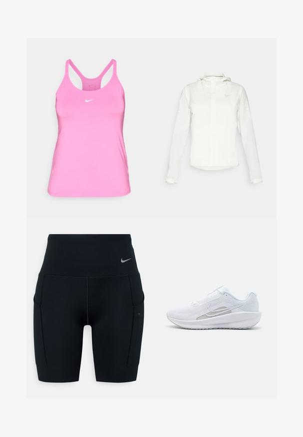 Witte Nike-jack met een capuchon, volledige rits, elastische manchetten en een subtiele logo op de borst. Gladde textuur en lichtgewicht ontwerp.; Roze Nike tanktop met dunne bandjes en een klein wit Swoosh-logo op de voorkant. De achtergrond is eenvoudig wit.; Zwarte hoogsluitende sportshorts gemaakt van rekbaar materiaal; heeft zijzakken en een klein Nike-logo op de tailleband.; Witte sportieve schoen met een bovenwerk van mesh, ronde neus en een textuurzool. Beschikt over een zilveren Nike swoosh en een minimalistisch ontwerp.