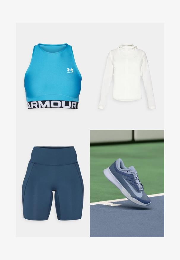 Fehér Nike dzseki kapucnival, teljes cipzárral, rugalmas mandzsettákkal és egy diszkrét logóval a mellkason. Sima textúrájú és könnyű kialakítású.; Kék sportmelltartó sima, rugalmas anyagból készült. Jellemzője egy fehér logó a mellkason és egy fekete pánt fehér felirattal az alján.; Sötétkék edzőnadrág magas derékkal, sima textúrával és lapos varrásokkal. Testhez simuló fazon, amely a comb közepéig ér.; Könnyű kék és sötétkék sportrüszke, textúrált felsőrésszel, lapos fűzőkkel és könnyű fehér talppal. Emelt pozícióban egy pálya fölött.