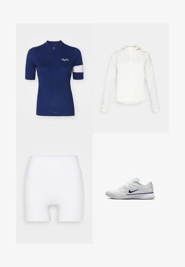 Witte Nike-jack met een capuchon, volledige rits, elastische manchetten en een subtiele logo op de borst. Gladde textuur en lichtgewicht ontwerp.; Kortebril cycling jersey in marineblauw met gestructureerde stof. Beschikt over een volledige ritssluiting, een witte gestreepte accent op de mouw en een logo.; Witte hoge taille shorts van rekbare stof. Kenmerken een gladde textuur en een aansluitend ontwerp, zonder extra patronen of hardware.; Witte sportschoen met een gestructureerde mesh bovenkant, marineblauwe accenten en een gevoerde zool met een gemusterde grip. Veters geïntegreerd in het ontwerp.