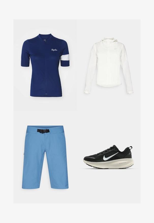 Chaqueta blanca de Nike con capucha, cremallera completa, puños elásticos y un logo sutil en el pecho. Textura suave y diseño ligero.; Jersey de ciclismo de manga corta en azul marino con tela texturada. Presenta una cremallera completa, un acento de rayas blancas en la manga y un logo.; Pantalones cortos de senderismo de color azul claro con una cintura plana, cinturón ajustable y bolsillos laterales. Fabricados con un material suave y transpirable, de diseño hasta la rodilla.; Zapatilla de running Nike negra con parte superior de malla transpirable, logo Swoosh blanco, detalles texturizados y una entresuela ZoomX de color crema.