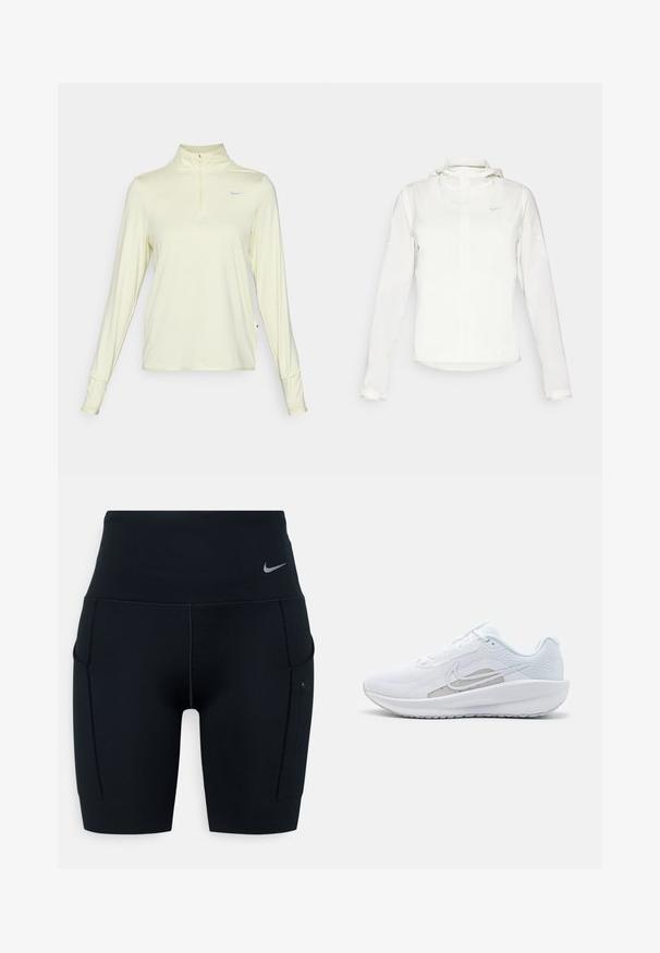 White Nike jacket with a hood, full zip, elastic cuffs, and a subtle logo on the chest. Smooth texture and lightweight design.; Nike Performance SWIFT - Long sleeved top - life lime/white/reflective silver; Black high-waisted athletic shorts made of stretchy material; features side pockets and a small Nike logo on the waistband.; White athletic shoe with mesh upper, rounded toe, and textured sole. Features a silver Nike swoosh and minimalistic design.