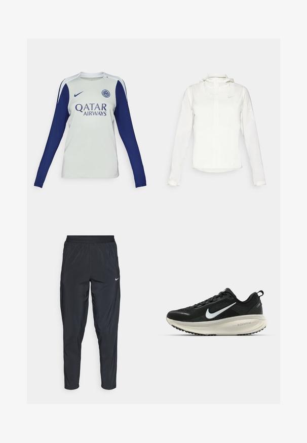 Valkoinen Nike-takki hupulla, täyspitkällä vetoketjulla, joustavilla hihansuilla ja hillityllä logolla rinnassa. Sujuva pinta ja kevyt muotoilu.; Pitkähihainen jalkapallo-jersey vaaleanharmaana, jossa tummansiniset hihat. Ominaisuuksiin kuuluu pyöreä kaula-aukko, Nike-logo ja Qatar Airways -brändäys edessä.; Mustat urheiluhousut, joissa on elastinen vyötärö, kapenevat lahkeet ja pieni valkoinen logo vasemmassa reidessä. Kevyt, sileä kangas.; Mustat Nike-juoksukengät, joissa on hengittävä verkko-osa, valkoinen swoosh-logo, teksturoitu yksityiskohtaus ja kermaisen värinen ZoomX-välipohja.