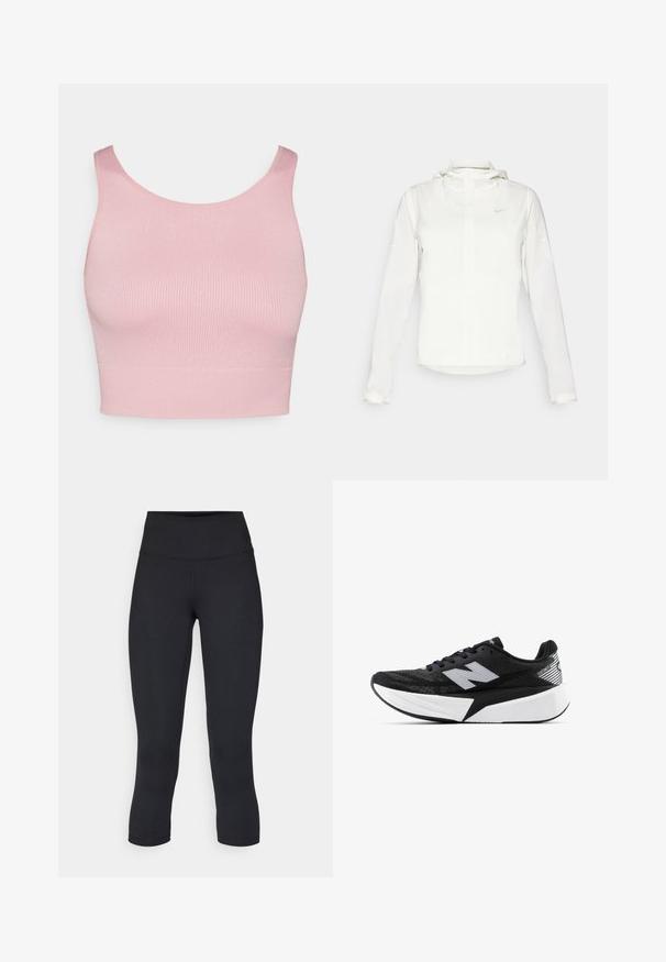 Jachetă albă Nike cu glugă, fermoar pe toată lungimea, manșete elastice și un logo subtil pe piept. Textură netedă și design ușor.; Top scurt roz, cu nervuri, având un guler rotund și bretele late, cu o textură netedă și o siluetă ajustată.; Leggings negre scurte, fabricate dintr-un material elastic, având o talie înaltă și o textură netedă, fără modele sau accesorii vizibile.; Pantof de alergare New Balance alb-negru, cu talpă groasă, parte superioară din plasă și logo-ul "N" pe lateral, văzut din partea exterioară.