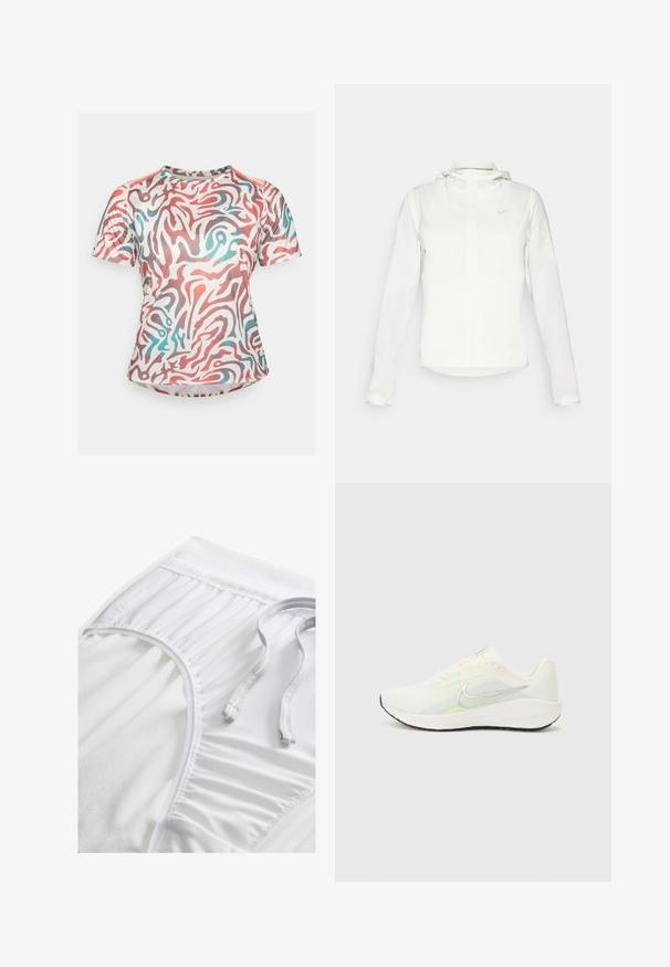 Jachetă albă Nike cu glugă, fermoar pe toată lungimea, manșete elastice și un logo subtil pe piept. Textură netedă și design ușor.; Cămașă sport cu mânecă scurtă, cu o bază albă și un model abstract de spirale roșii și albastre. Fabricată dintr-un material neted și elastic.; Shorts albi de sport cu un tiv texturat, detalii laterale pliate și un șnur plat. Material moale cu un finisaj neted.; Nike Performance DOWNSHIFTER 13 - Pantofi de alergare pe asfalt - sail/silver-coloured photon dust/summit white/barely volt/black