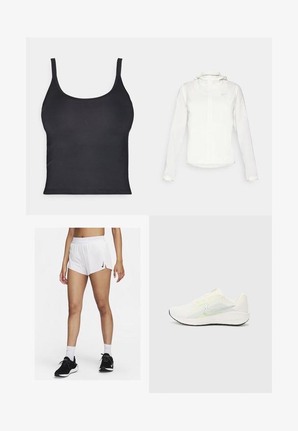 Fehér Nike dzseki kapucnival, teljes cipzárral, rugalmas mandzsettákkal és egy diszkrét logóval a mellkason. Sima textúrájú és könnyű kialakítású.; Fekete, testhez álló, vékony pántos tank top, sima anyagból készült. Kerek nyakkivágással és letisztult, varrás nélküli szélekkel rendelkezik.; Fehér sportos rövidnadrág bordázott derékpánttal, oldalsó hasítékokkal és fekete Nike logóval. Fekete sportcipővel és fehér bokazoknival viselve.; Nike Performance DOWNSHIFTER 13 - Utcai futócipők - sail/silver-coloured photon dust/summit white/barely volt/black