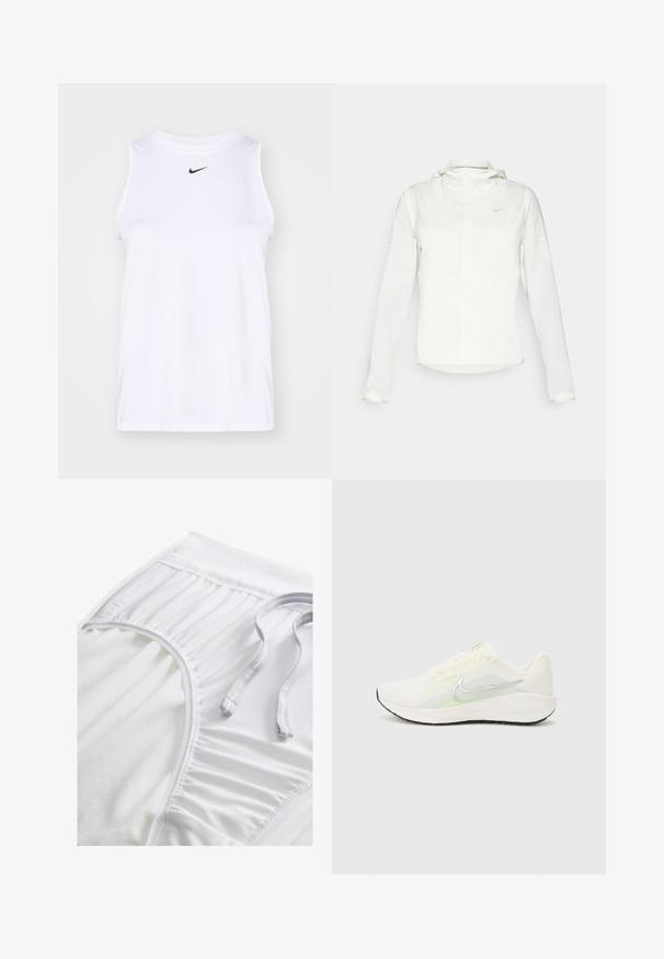 Bela Nike jakna s kapuco, polno zadrgo, elastičnimi manšetami in diskretnim logotipom na prsih. Gladka tekstura in lahko oblikovanje.; Bela brezrokavna atletska majica iz gladkega materiala, s črnim Nike logotipom na prsih in stranskimi razpoki za lažje gibanje.; Bele atletske kratke hlače z teksturiranim pasom, nabranimi stranskimi detajli in ravnim vrvico. Mehka tkanina z gladko površino.; Nike Performance DOWNSHIFTER 13 - Tekaški copati za cesto - sail/silver-coloured photon dust/summit white/barely volt/black