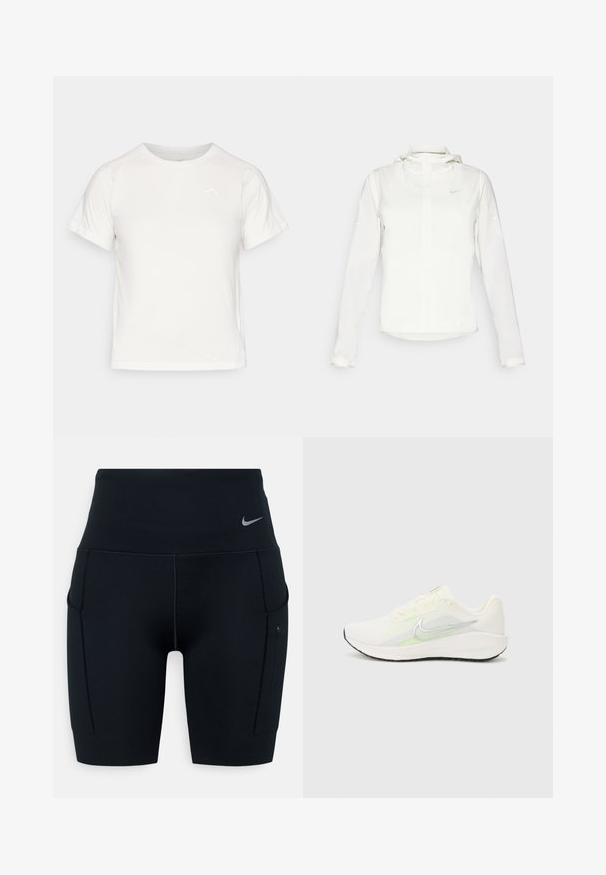 Valge Nike jakker, millel on kapuuts, täispikk tõmblukk, elastsed mansetid ja diskreetne logo rinnal. Sile tekstuur ja kerge disain.; Kerge valge T-särk lühikeste varrukatega, ümmarguse kaelusega ja väikese logoga vasakus ülanurgas. Sile kangas, millel on õrn läige.; Mustad kõrge vöökohaga sportlikud lühikesed püksid, valmistatud venivast materjalist; külgedel on taskud ja vööl väike Nike logo.; Nike Performance DOWNSHIFTER 13 - Maanteejooksu jalatsid - sail/silver-coloured photon dust/summit white/barely volt/black