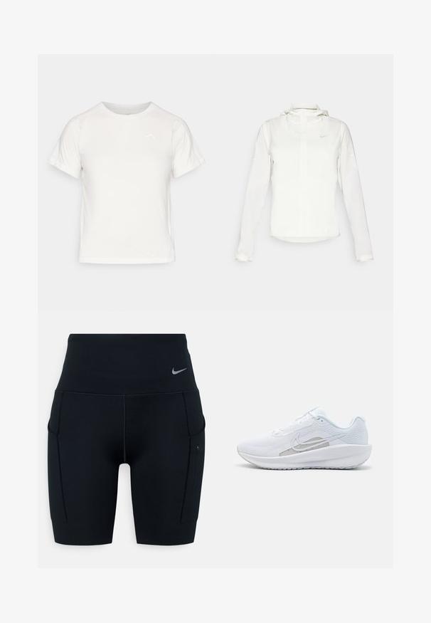 Hvit Nike-jakke med hette, hel glidelås, elastiske mansjetter og en diskret logo på brystet. Glatt tekstur og lett design.; Lett, hvit T-skjorte med korte ermer, rund hals, og en liten logo i øvre venstre hjørne. Glatt stoff med en subtil glans.; Svart høyverdig trening shorts laget av elastisk materiale; har sidelommer og en liten Nike-logo på midjen.; Hvit sportssko med mesh-overdel, rund tå og teksturert såle. Har en sølvfarget Nike swoosh og et minimalistisk design.