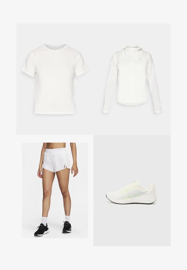 Valkoinen Nike-takki hupulla, täyspitkällä vetoketjulla, joustavilla hihansuilla ja hillityllä logolla rinnassa. Sujuva pinta ja kevyt muotoilu.; Kevyt valkoinen T-paita lyhythihaisilla, pyöreällä kaula-aukolla ja pienellä logolla vasemmassa yläkulmassa. Sujuva kangas, jossa on hienovarainen kiilto.; Valkoiset urheilushortsit, joissa on resorivyötärö, sivuhaarat ja musta Nike-logo. Yhdistetty mustiin tennareihin ja valkoisiin polvisukkiin.; Nike Performance DOWNSHIFTER 13 - Katujuoksukengät - sail/silver-coloured photon dust/summit white/barely volt/black