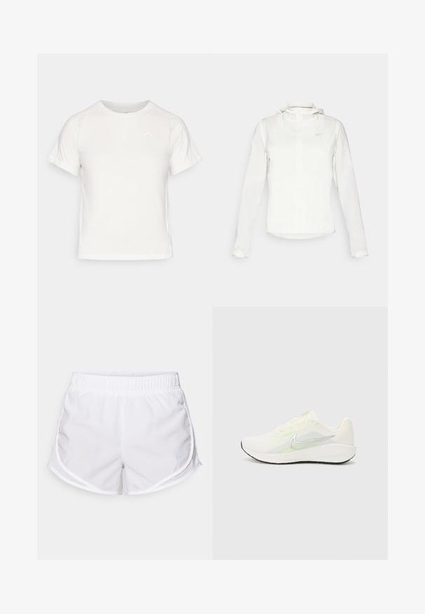 Valge Nike jakker, millel on kapuuts, täispikk tõmblukk, elastsed mansetid ja diskreetne logo rinnal. Sile tekstuur ja kerge disain.; Kerge valge T-särk lühikeste varrukatega, ümmarguse kaelusega ja väikese logoga vasakus ülanurgas. Sile kangas, millel on õrn läige.; Valged spordilühikesed püksid, mis on valmistatud kergest ja hingavast kangast. Omavad elastset vöökohta ja võrkpaneele külgedel, millel on väike sinine logo aktsent.; Nike Performance DOWNSHIFTER 13 - Maanteejooksu jalatsid - sail/silver-coloured photon dust/summit white/barely volt/black