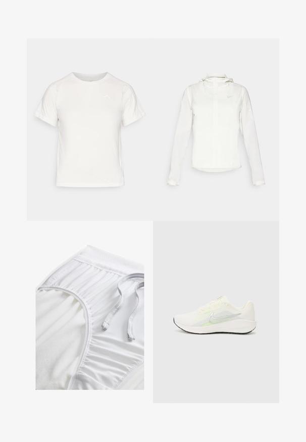 Valge Nike jakker, millel on kapuuts, täispikk tõmblukk, elastsed mansetid ja diskreetne logo rinnal. Sile tekstuur ja kerge disain.; Kerge valge T-särk lühikeste varrukatega, ümmarguse kaelusega ja väikese logoga vasakus ülanurgas. Sile kangas, millel on õrn läige.; Valged sportlikud lühikesed püksid tekstureeritud vööosaga, kogutud külgedetailidega ja lameda tõmblukuga. Pehme kangas siledast viimistlusest.; Nike Performance DOWNSHIFTER 13 - Maanteejooksu jalatsid - sail/silver-coloured photon dust/summit white/barely volt/black