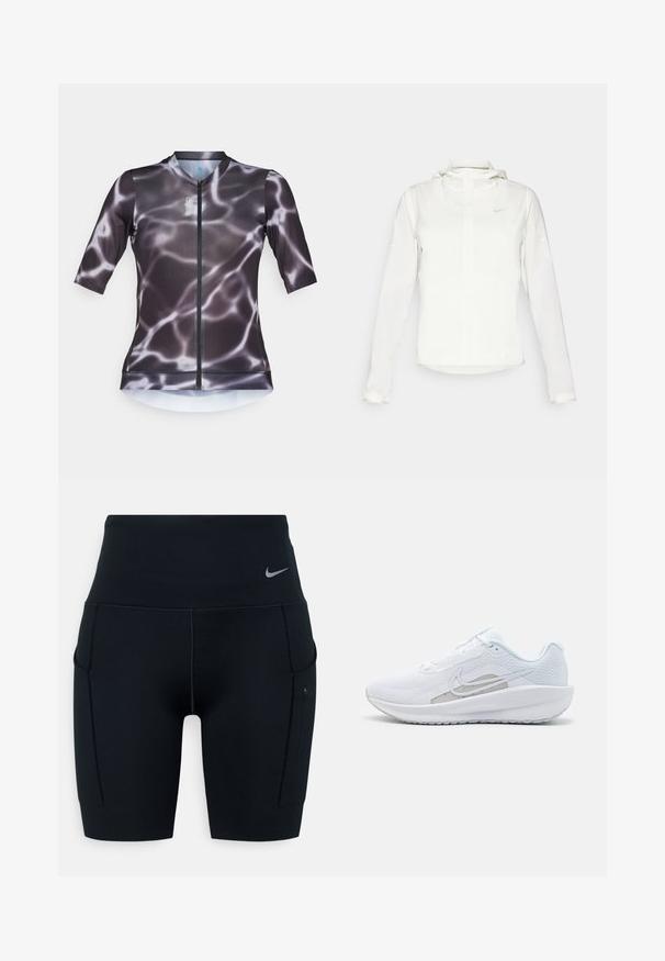 Veste blanche Nike avec capuche, fermeture éclair intégrale, poignets élastiques et un logo discret sur la poitrine. Texture lisse et design léger.; Maillot de cyclisme à manches courtes avec fermeture éclair, doté d'un design en dégradé noir et gris évoquant l'eau. Fabriqué en tissu léger et extensible.; Shorts de sport noirs taille haute en matériau extensible ; dotés de poches latérales et d'un petit logo Nike sur la ceinture.; Baskets blanches avec une tige en mesh, bout rond et semelle texturée. Présentent un swoosh Nike argenté et un design minimaliste.