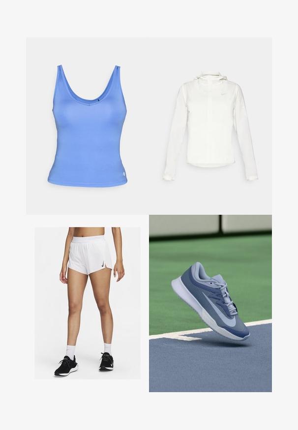 Casaco branco da Nike com capuz, fecho completo, punhos elásticos e um logótipo subtil no peito. Textura suave e design leve.; Camisola azul de alças, feita de um tecido suave, com decote arredondado e alças finas. Apresenta um corte ajustado e um pequeno logótipo na barra.; Calções atléticos brancos com cós canelado, fendas laterais e um logótipo preto da Nike. Usados com ténis pretos e meias brancas até ao meio da canela.; Sapatilhas desportivas em azul claro e azul marinho, com um topo texturizado, atacadores planos e uma sola leve branca. Elevadas acima de uma superfície de campo.