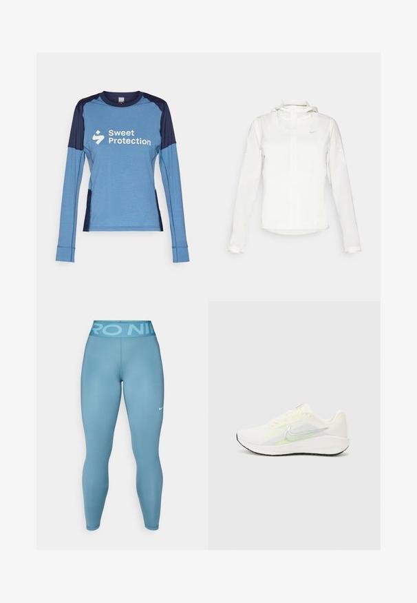 Fehér Nike dzseki kapucnival, teljes cipzárral, rugalmas mandzsettákkal és egy diszkrét logóval a mellkason. Sima textúrájú és könnyű kialakítású.; Hosszú ujjú teljesítménypóló világoskék színben, navy kiegészítőkkel, kereknyakú kialakítással és fehér "Sweet Protection" logóval elöl.; Világoskék sport leggings sima felülettel és magas derékkal, rajta "PRO NIKE" felirattal. Tartalmaz egy kis fehér Nike logót.; Nike Performance DOWNSHIFTER 13 - Utcai futócipők - sail/silver-coloured photon dust/summit white/barely volt/black