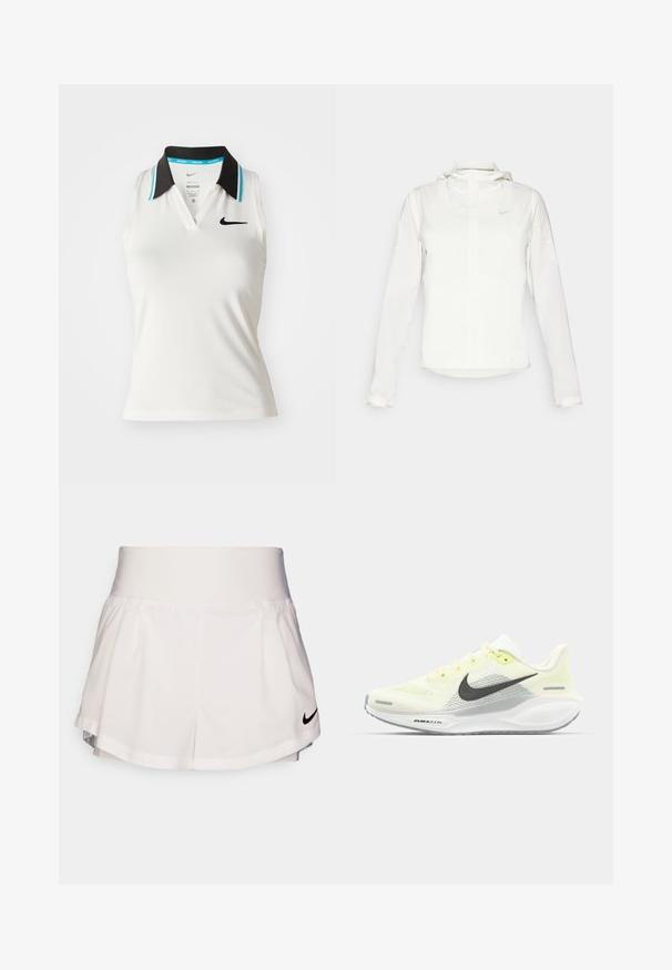 Giacca Nike bianca con cappuccio, zip completa, polsini elasticizzati e un logo discreto sul petto. Texture liscia e design leggero.; Polo bianco senza maniche con colletto nero e dettagli turchesi. Ha un collo a V e un piccolo logo Nike nero sul petto.; Nike Performance SHORT - Pantaloncini sportivi - white/black; Scarpe da corsa Nike con una tomaia in rete giallo chiaro e bianco, dettagli grigi e una suola in gomma flessibile. Presentano una chiusura con lacci.