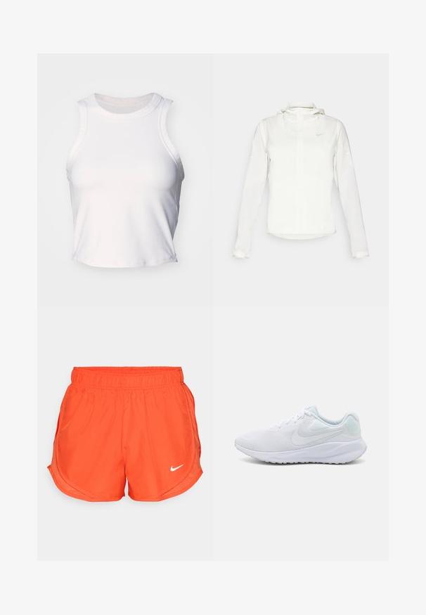 Fehér Nike dzseki kapucnival, teljes cipzárral, rugalmas mandzsettákkal és egy diszkrét logóval a mellkason. Sima textúrájú és könnyű kialakítású.; Fehér ujjatlan crop top, sima, rugalmas anyagból készült. Kerek nyakkivágással és finom varrási részletekkel rendelkezik a szélén.; Narancssárga sportnadrág elasztikus derékkal, oldalsó hasítékokkal és a fehér Nike logóval az elején. Simább, könnyű anyagból készült.; Fehér sportcipők, hálós felső résszel, texturált dizájnnal, kerek orral, párnázott nyakkal és világoskék részletekkel a sarkon. Gumitalp.