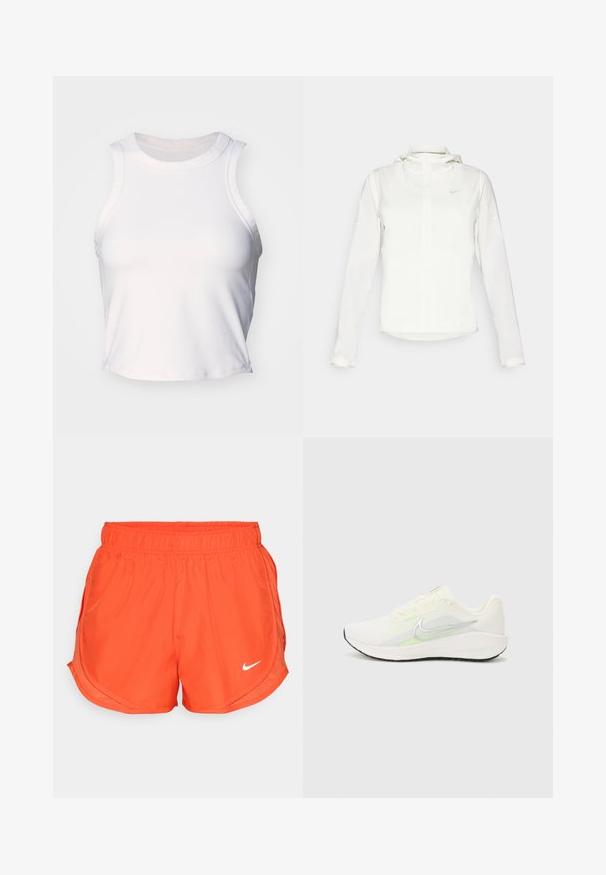 Weiße Nike-Jacke mit Kapuze, durchgehendem Reißverschluss, elastischen Bündchen und einem dezenten Logo auf der Brust. Glatte Textur und leichtes Design.; Weißes ärmelloses Croptop aus glattem, dehnbarem Stoff. Besitzt einen runden Ausschnitt und dezente Nähte entlang der Kanten.; Orange Sportshorts mit einem elastischen Bund, seitlichen Schlitzen und einem weißen Nike-Logo auf der Vorderseite. Hergestellt aus einem glatten, leichten Stoff.; Nike Performance DOWNSHIFTER 13 - Laufschuh Straße - sail/silver-coloured photon dust/summit white/barely volt/black