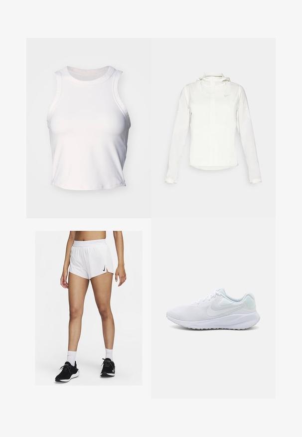 Hvid Nike-jakke med hætte, fuld lynlås, elastiske manchetter og et diskret logo på brystet. Glat tekstur og let design.; Hvid ærmeløs crop top lavet af glat, strækbart stof. Har en rund halsudskæring og subtile syninger langs kanterne.; Hvide atletikshorts med ribbet taljebånd, sideslids og sort Nike-logo. Båret med sorte sneakers og hvide crew-sokker.; Hvide sportsko med en mesh-overdel, struktureret design, rund tå, polstret krave og lyseblå accenter ved hælen. Gummiydersål.