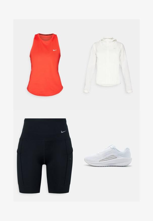 Weiße Nike-Jacke mit Kapuze, durchgehendem Reißverschluss, elastischen Bündchen und einem dezenten Logo auf der Brust. Glatte Textur und leichtes Design.; Rotes sportliches Tanktop aus leichtem Material. Mit Rundhalsausschnitt, ohne Ärmel und einem kleinen weißen Nike-Logo auf der Vorderseite.; Schwarze hochtaillierte Sportshorts aus dehnbarem Material; verfügt über Seitentaschen und ein kleines Nike-Logo am Bund.; Weißer Sport Schuh mit Mesh-Obermaterial, abgerundeter Zehenpartie und strukturiertem Sohlenprofil. Mit einem silbernen Nike Swoosh und minimalistischem Design.