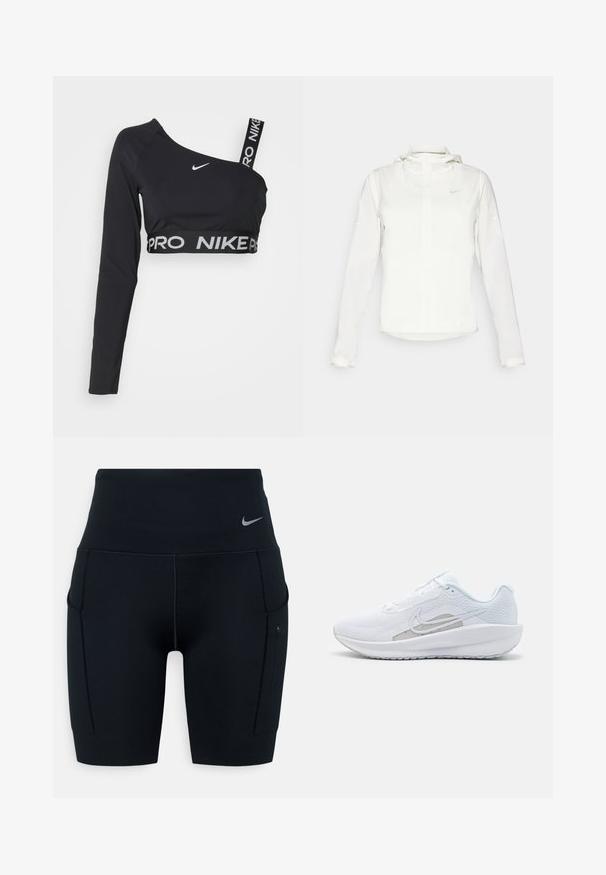 Balta Nike jaka ar kapuci, pilna rāvējslēdzēja, elastīgām piedurknēm un diskrētu logotipu uz krūšu daļas. Gluda tekstūra un viegla konstrukcija.; Melna Nike augšdaļa ar garām piedurknēm un asimetrisku dizainu, kurai ir plaša elastīga josta ar pelēkiem burtiem "PRO NIKE" un viena pleca siksna.; Melni augsto vidukļa sporta šorti, izgatavoti no elastīga materiāla; satur sānu kabatas un mazu Nike logo uz jostas.; Baltas sporta apdedzinājums ar sietu augšdaļu, noapaļotu purngalu un teksturētu zoli. Tam ir sudraba Nike zvīņa un minimālisma dizains.