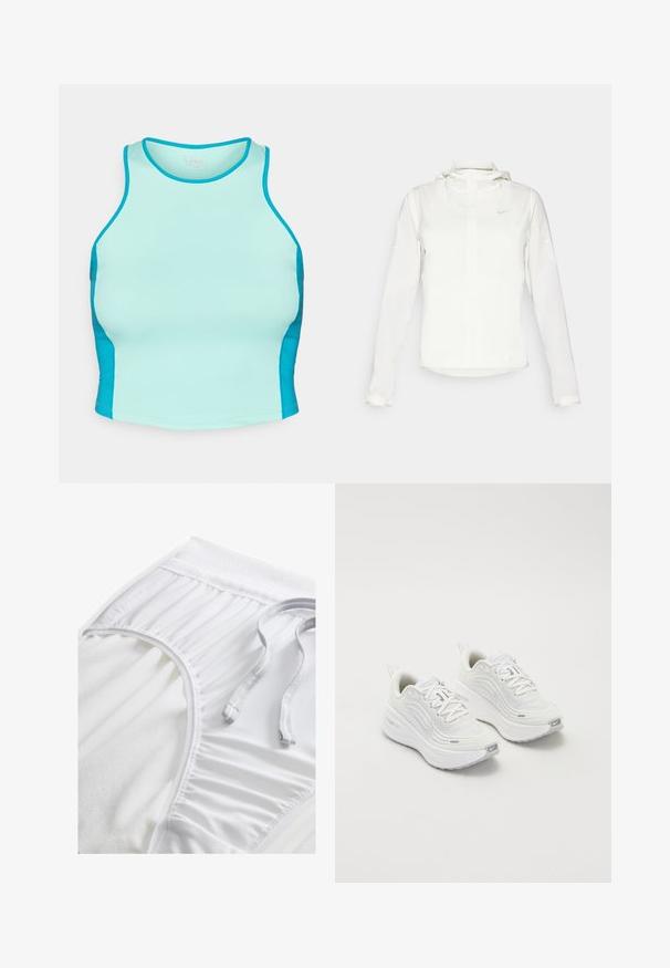 Giacca Nike bianca con cappuccio, zip completa, polsini elasticizzati e un logo discreto sul petto. Texture liscia e design leggero.; Una canotta sportiva aderente in acqua chiaro con pannelli laterali in acqua più scura. Realizzata in tessuto elastico con una superficie liscia e scollatura rotonda.; Pantaloni sportivi bianchi con una vita testurizzata, dettagli arricciati sui lati e un cordino piatto. Tessuto morbido con finitura liscia.; Scarpe da ginnastica bianche con tomaia in rete testurizzata, suola ammortizzata e sottili dettagli grigi. Comprendono il branding e una linguetta sul tallone per una facile calzata.