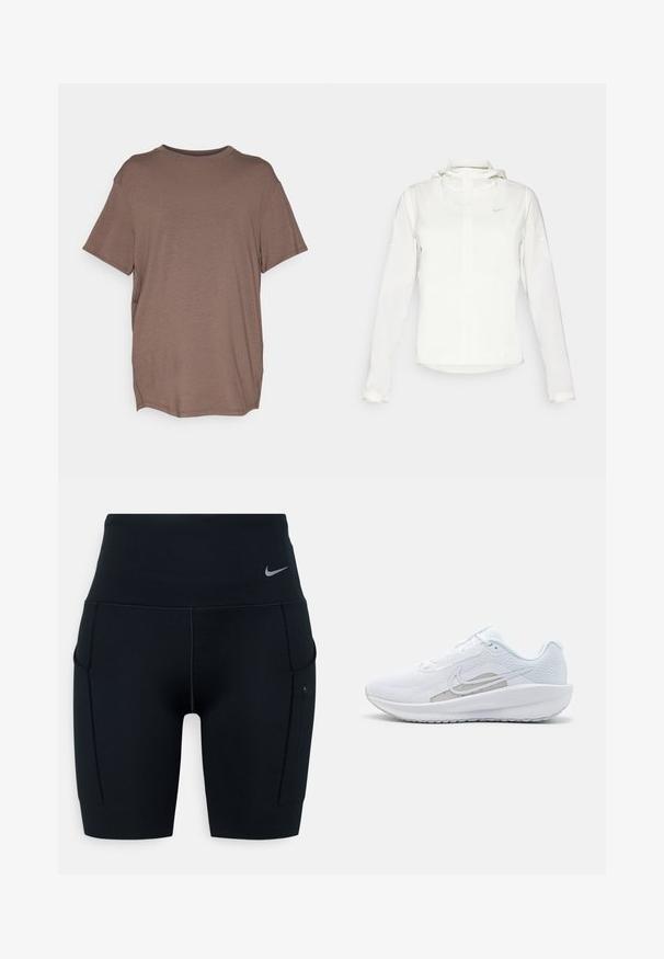 Casaco branco da Nike com capuz, fecho completo, punhos elásticos e um logótipo subtil no peito. Textura suave e design leve.; Nike Performance ONE RELAXED TOP - T-shirt desportiva - ironstone/black; Calças curtas atléticas altas pretas feitas de material elástico; apresentam bolsos laterais e um pequeno logótipo da Nike na cintura.; Sapatilha atlética branca com parte superior em rede, bico arredondado e sola texturizada. Apresenta o símbolo Nike em prata e um design minimalista.