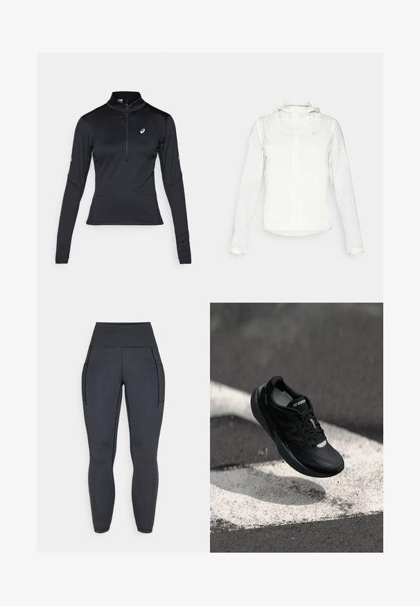 Weiße Nike-Jacke mit Kapuze, durchgehendem Reißverschluss, elastischen Bündchen und einem dezenten Logo auf der Brust. Glatte Textur und leichtes Design.; Schwarzes langärmliges Sportoberteil mit einem Halbreißverschluss-Kragen, strukturiertem Stoff, schmaler Passform und einem Logo auf der Brust und dem Ärmel. Verfügt über flache Nähte.; Hochtaillierte schwarze Leggings aus dehnbarem, glattem Material. Verfügt über zwei Seitentaschen und kontrastierende Nähte entlang der Nähte.; Schwarzer Laufschuh mit strukturiertem Obermaterial, schlankem Design und reflektierenden Akzenten. Verfügt über eine weiche, gepolsterte Sohle für Komfort.