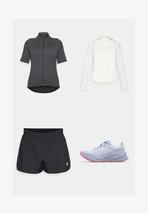 Veste blanche Nike avec capuche, fermeture éclair intégrale, poignets élastiques et un logo discret sur la poitrine. Texture lisse et design léger.; Maillot de cyclisme à manches courtes en gris foncé, doté d'une fermeture éclair intégrale, de manches raglan et d'un ourlet courbé en tissu texturé.; Shorts de sport noirs avec une taille élastique, texture lisse, ourlet arrondi et accents en mesh sur les côtés. Présente un petit logo à l'avant.; Chaussure de sport bleu clair avec une tige en mesh texturée, des accents de logo blancs, une semelle rembourrée et une semelle extérieure rose. Présente un design élégant et ergonomique.