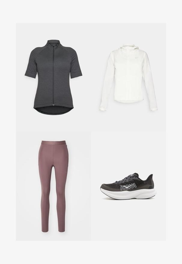 Chaqueta blanca de Nike con capucha, cremallera completa, puños elásticos y un logo sutil en el pecho. Textura suave y diseño ligero.; Jersey de ciclismo de manga corta en gris oscuro, que cuenta con una cremallera frontal completa, mangas raglán, y un dobladillo curvado con tela texturizada.; HOKA NOVAFLY RUN - Mallas de correr - smokey quartz; Zapatilla deportiva negra y gris con parte superior de malla, cuello acolchado, gruesa entresuela blanca y logo prominente de HOKA en el costado. Diseño ligero.