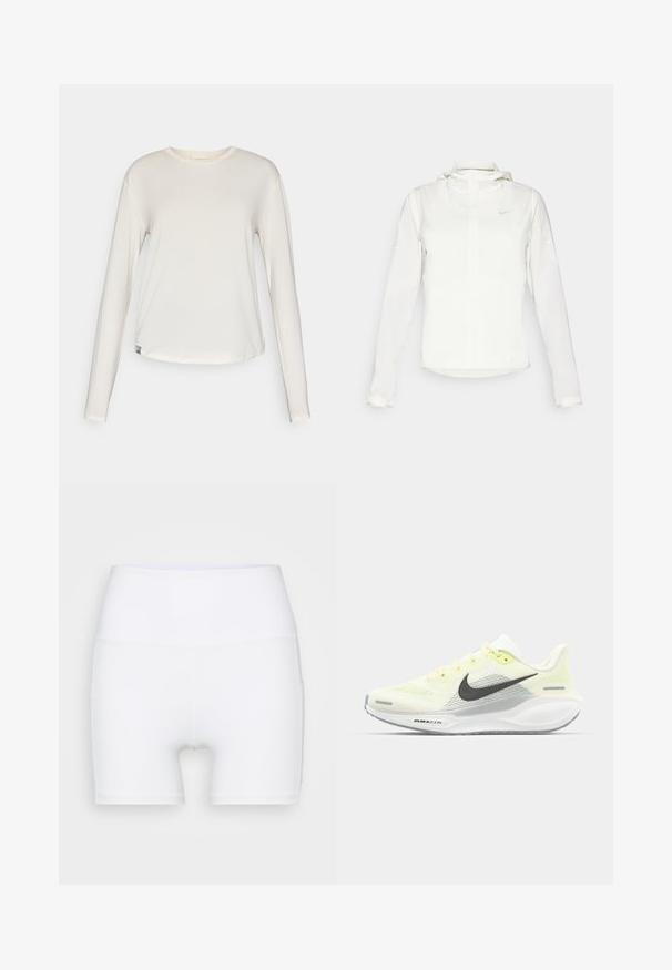 Giacca Nike bianca con cappuccio, zip completa, polsini elasticizzati e un logo discreto sul petto. Texture liscia e design leggero.; HOKA ESSENTIAL TEE - Maglietta a manica lunga - eggnog; Pantaloni corti bianchi a vita alta realizzati in tessuto elasticizzato. Presentano una texture liscia e un design aderente, senza ulteriori motivi o accessori.; Scarpe da corsa Nike con una tomaia in rete giallo chiaro e bianco, dettagli grigi e una suola in gomma flessibile. Presentano una chiusura con lacci.