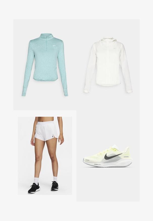 White Nike jacket with a hood, full zip, elastic cuffs, and a subtle logo on the chest. Smooth texture and lightweight design.; Light blue, long-sleeve athletic top with a half-zip collar, featuring a textured fabric and a small white logo on the chest.; White athletic shorts with a ribbed waistband, side slits, and a black Nike logo. Worn with black sneakers and white crew socks.; Nike running shoes with a light yellow and white mesh upper, grey accents, and a flexible rubber sole. Features a lace-up closure.