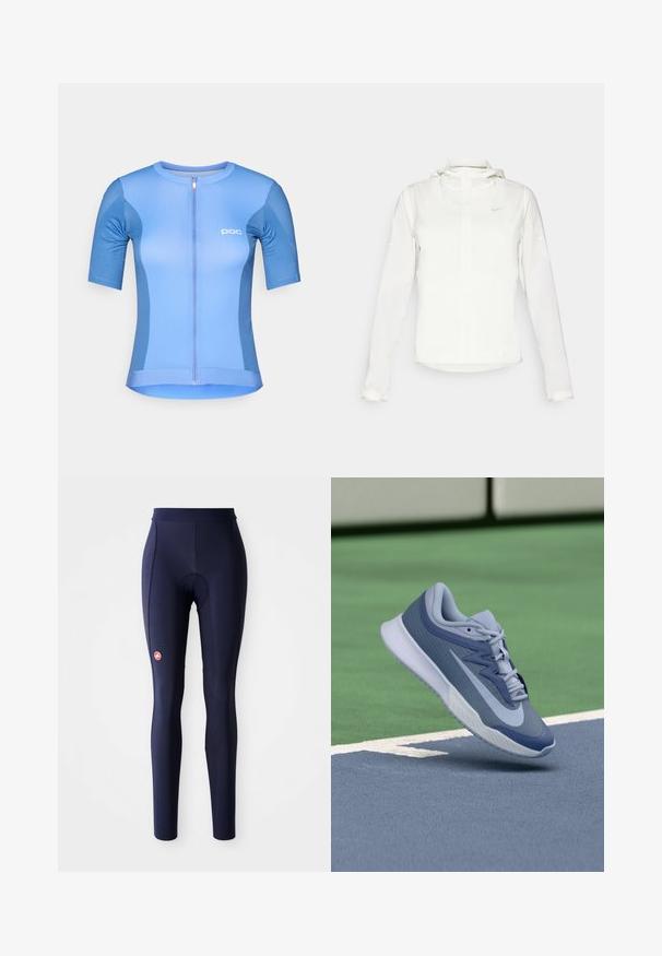 Giacca Nike bianca con cappuccio, zip completa, polsini elasticizzati e un logo discreto sul petto. Texture liscia e design leggero.; Maglia da ciclismo a maniche corte di colore azzurro chiaro, con zip frontale, branding POC e tessuto morbido e elastico per comfort e flessibilità.; Collant da ciclismo blu navy a lunghezza completa con imbottitura nel sedile e piccolo logo rosso sulla coscia sinistra.; Sneaker sportivo in blu chiaro e blu scuro, con una parte superiore texturizzata, lacci piatti e una suola bianca leggera. Elevato sopra una superficie da campo.