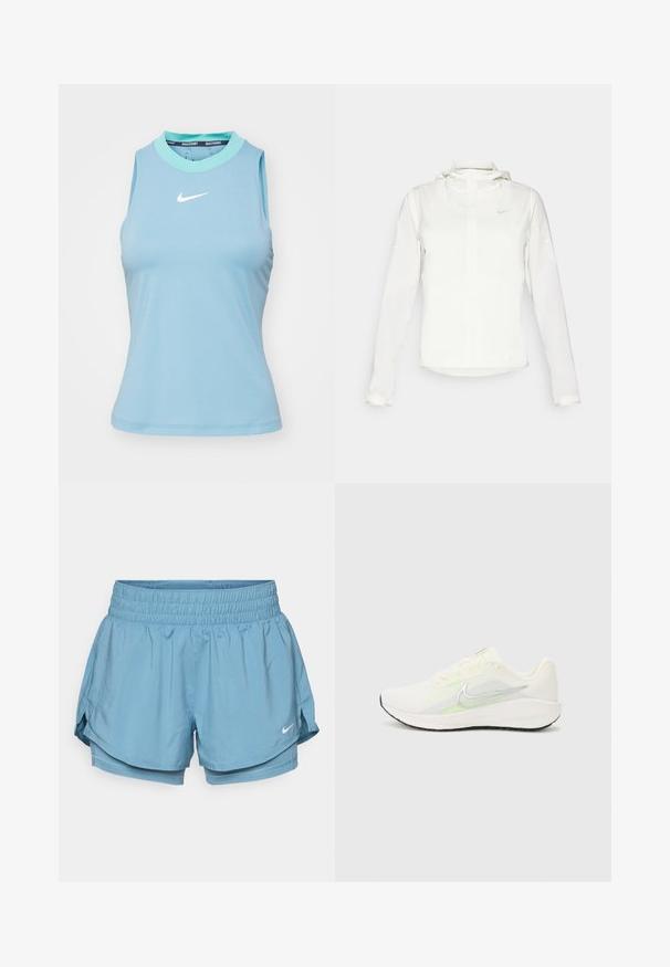 Biela Nike bunda s kapucňou, plným zipsom, elastickými manžetami a jemným logom na hrudi. Hladká textúra a ľahký dizajn.; Nike Performance ADVANTAGE TANK - Top - denim turquoise/green frost/white; Svetlo modré športové šortky so širokým elastickým pásom, vnútornou podšívkou a bočnými rozparokmi pre lepší pohyb. Obsahujú malé biele logo.; Nike Performance DOWNSHIFTER 13 - Cestná bežecká obuv - sail/silver-coloured photon dust/summit white/barely volt/black