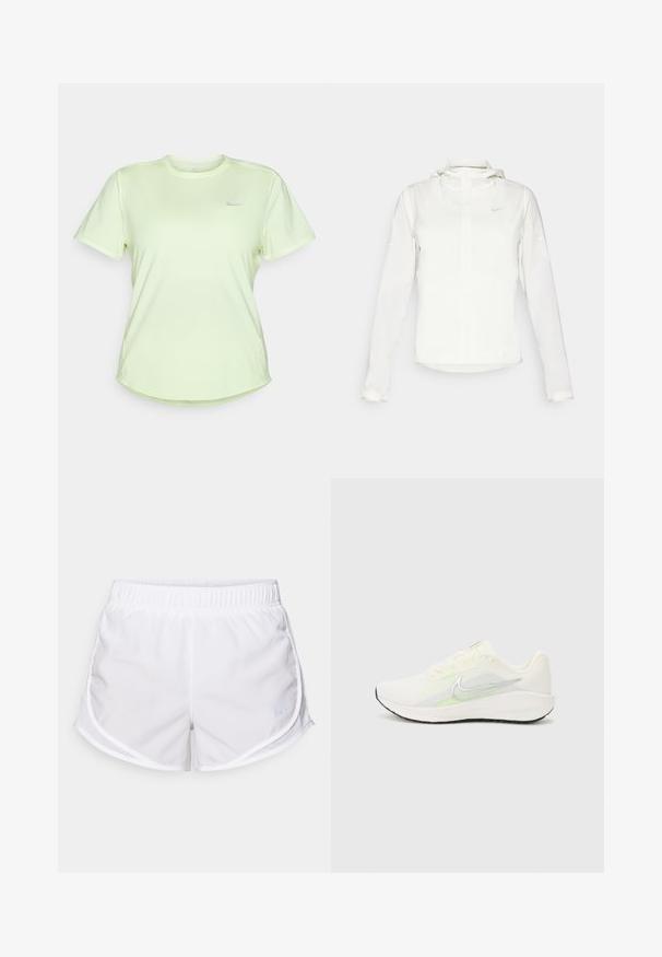 Valkoinen Nike-takki hupulla, täyspitkällä vetoketjulla, joustavilla hihansuilla ja hillityllä logolla rinnassa. Sujuva pinta ja kevyt muotoilu.; Vihreä urheilupaita, joka on valmistettu pehmeästä ja hengittävästä kankaasta. Siinä on pyöreä kaula-aukko, lyhyet hihat ja pieni hopeanvärinen logo rinnassa.; Valkoiset urheilushortsit, jotka on valmistettu kevyestä ja hengittävästä kankaasta. Ominaisuuksina joustava vyötärö ja verkkomaiset sivupaneelit, sekä pieni sininen logon yksityiskohta.; Nike Performance DOWNSHIFTER 13 - Katujuoksukengät - sail/silver-coloured photon dust/summit white/barely volt/black