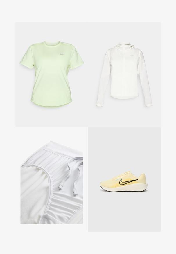 Witte Nike-jack met een capuchon, volledige rits, elastische manchetten en een subtiele logo op de borst. Gladde textuur en lichtgewicht ontwerp.; Lichtgroene sportieve t-shirt van zacht, ademend materiaal. Heeft een ronde hals, korte mouwen en een klein zilveren logo op de borst.; Witte sportshorts met een gestructureerde tailleband, geplooide zijkanten en een platte trekkoord. Zachte stof met een gladde afwerking.; Gele sport schoenen met een ademende mesh bovenkant, zwart swoosh-logo en een gevoerde zool, met een gestructureerd patroon op het materiaal.