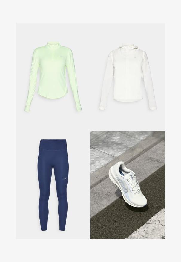 Giacca Nike bianca con cappuccio, zip completa, polsini elasticizzati e un logo discreto sul petto. Texture liscia e design leggero.; Maglia atletica a maniche lunghe di colore verde chiaro con colletto alto e mezza cerniera. Presenta una texture liscia e dettagli riflettenti.; Leggings blu navy con vita alta, realizzati in tessuto elasticizzato. Presentano cuciture sottili e un piccolo logo Nike bianco sulla coscia sinistra.; Scarpa da corsa leggera e bianca con tomaia in mesh testurizzato, curve morbide, accenti blu e una suola in gomma, posizionata su asfalto e cemento.