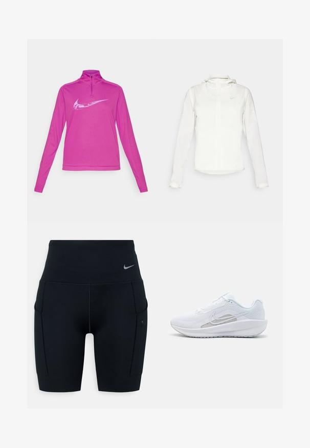 Witte Nike-jack met een capuchon, volledige rits, elastische manchetten en een subtiele logo op de borst. Gladde textuur en lichtgewicht ontwerp.; Nike Performance Longsleeve - hot fuchsia; Zwarte hoogsluitende sportshorts gemaakt van rekbaar materiaal; heeft zijzakken en een klein Nike-logo op de tailleband.; Witte sportieve schoen met een bovenwerk van mesh, ronde neus en een textuurzool. Beschikt over een zilveren Nike swoosh en een minimalistisch ontwerp.