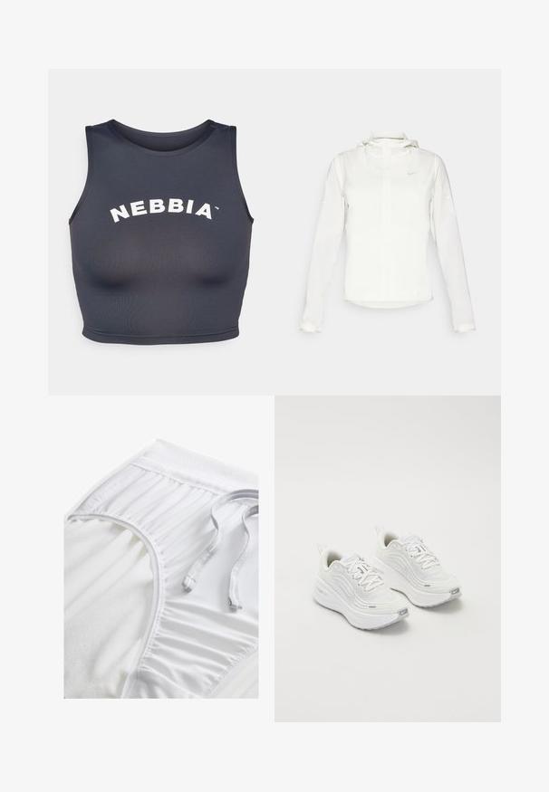 Balta Nike jaka ar kapuci, pilna rāvējslēdzēja, elastīgām piedurknēm un diskrētu logotipu uz krūšu daļas. Gluda tekstūra un viegla konstrukcija.; Sporta topiņš tumši pelēkā krāsā, izgatavots no mīksta, elastīga auduma. Tam ir apaļa kakla izgriezuma un baltā "NEBBIA" teksta ar arku dizainu.; Balti sporta šorti ar teksturētu jostasvietu, salocītu sānu detaļām un izlīdzenu auklu. Mīksts audums ar gludu apdari.; Baltas sporta apavi ar teksturētu sieta augšdaļu, mīkstinātu zoli un smalkiem pelēkiem akcentiem. Iekļauj zīmolu un cilpu papēža cilpu vieglai uzvilkšanai.