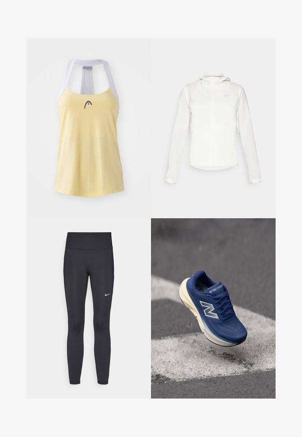 Casaco branco da Nike com capuz, fecho completo, punhos elásticos e um logótipo subtil no peito. Textura suave e design leve.; Top desportivo amarelo com costas em rede cinza claro e pequeno logótipo escuro no peito. Textura suave e design casual.; Leggings pretos feitos de tecido elástico, com uma cintura alta e um logo branco da Nike na coxa esquerda. Textura suave, design ajustado ao corpo.; Sapatilha de corrida azul com parte superior de malha, solado acolchoado e detalhes de costura visíveis. Apresenta uma entressola de cor clara e uma sola preta.