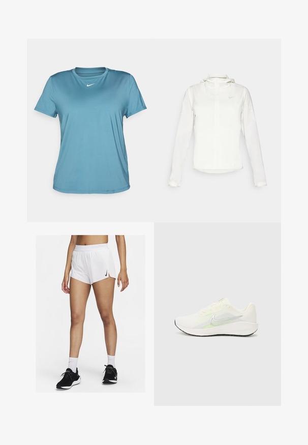 Casaco branco da Nike com capuz, fecho completo, punhos elásticos e um logótipo subtil no peito. Textura suave e design leve.; Camiseta atlética de manga curta azul, feita de poliéster suave, com decote redondo e discreto logo da Nike na frente.; Calções atléticos brancos com cós canelado, fendas laterais e um logótipo preto da Nike. Usados com ténis pretos e meias brancas até ao meio da canela.; Nike Performance DOWNSHIFTER 13 - Sapatos para corrida em estrada - sail/silver-coloured photon dust/summit white/barely volt/black