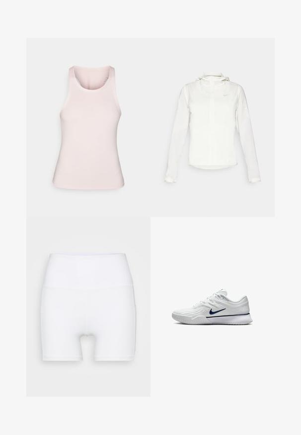 Giacca Nike bianca con cappuccio, zip completa, polsini elasticizzati e un logo discreto sul petto. Texture liscia e design leggero.; Top tank rosa chiaro realizzato in tessuto liscio e elasticizzato; presenta un collo rotondo e un design a fascia posteriore senza ulteriori motivi o dettagli.; Pantaloni corti bianchi a vita alta realizzati in tessuto elasticizzato. Presentano una texture liscia e un design aderente, senza ulteriori motivi o accessori.; Scarpa sportiva bianca con tomaia in mesh testurizzato, accenti blu navy e suola imbottita con una superficie di presa a motivo. Lacci integrati nel design.