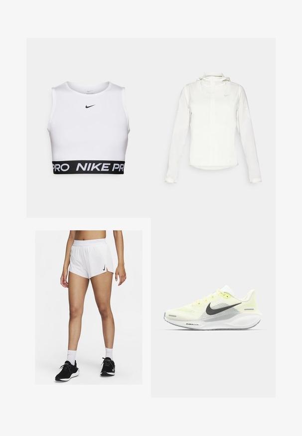Witte Nike-jack met een capuchon, volledige rits, elastische manchetten en een subtiele logo op de borst. Gladde textuur en lichtgewicht ontwerp.; Witte sportieve crop top met een ronde halslijn, mouwloos ontwerp en een zwarte elastische tailleband met de tekst "NIKE PRO".; Witte sportshorts met een geribbelde tailleband, zijsplitten en een zwarte Nike-logo. Draag ze met zwarte sneakers en witte kousen tot aan de kuit.; Nike hardloopschoenen met een lichtgele en witte mesh bovenkant, grijze accenten en een flexibele rubberen zool. Voorzien van een vetersluiting.