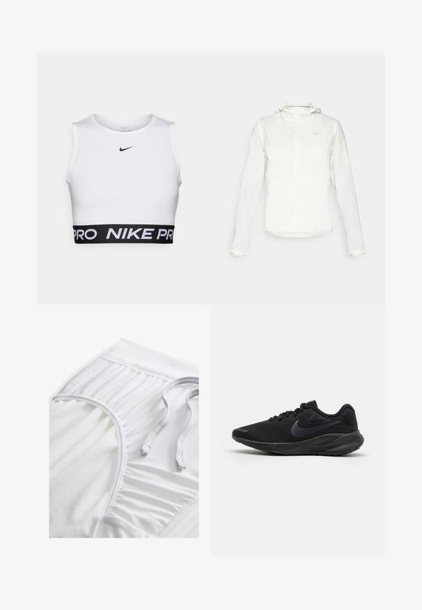 Hvit Nike-jakke med hette, hel glidelås, elastiske mansjetter og en diskret logo på brystet. Glatt tekstur og lett design.; Hvit atletisk crop topp med rund hals, ermels design og svart elastisk midje med "NIKE PRO" tekst.; Hvite treningse shorts med strukturert midjebånd, samlede side detaljer og flat snøring. Myk stoff med glatt overflate.; Svart løpesko med pustende mesh-overdel, teksturerte detaljer, flate lisser og en solid gummisåle med en lett hælløft.