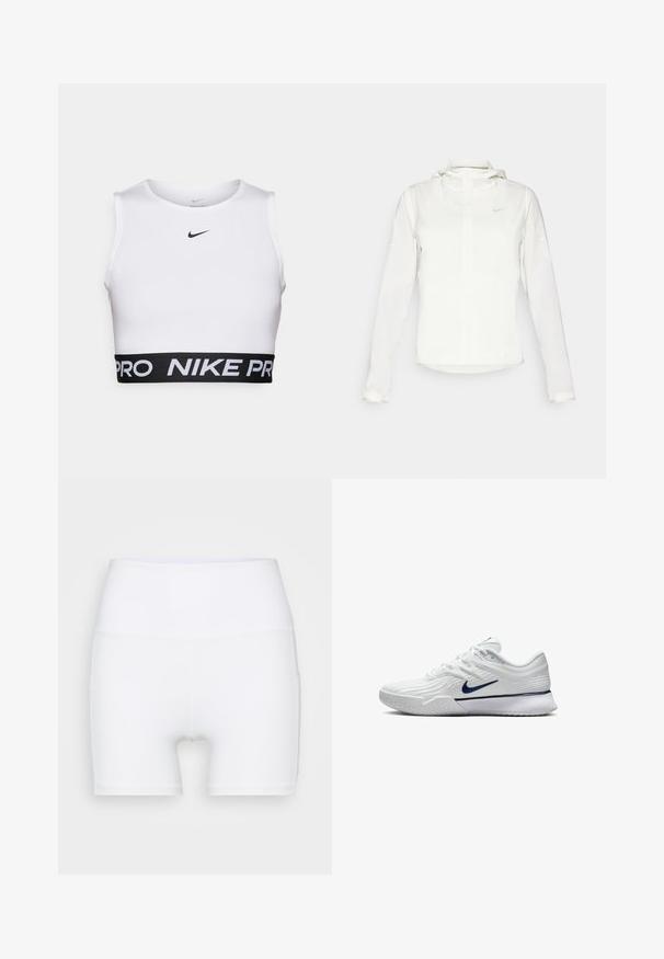 Weiße Nike-Jacke mit Kapuze, durchgehendem Reißverschluss, elastischen Bündchen und einem dezenten Logo auf der Brust. Glatte Textur und leichtes Design.; Weißes sportliches Cropped-Top mit Rundhalsausschnitt, ärmellosem Design und einem schwarzen elastischen Bund mit "NIKE PRO"-Schriftzug.; Weiße, hochtaillierte Shorts aus dehnbarem Stoff. Sie verfügen über eine glatte Textur und eine figurbetonte Passform, ohne zusätzliche Muster oder Hardware.; Weißer Sportschuh mit einem strukturierten Mesh-Obermaterial, navyblauen Akzenten und einer gepolsterten Sohle mit einem rutschfesten Muster. Schnürsenkel in das Design integriert.