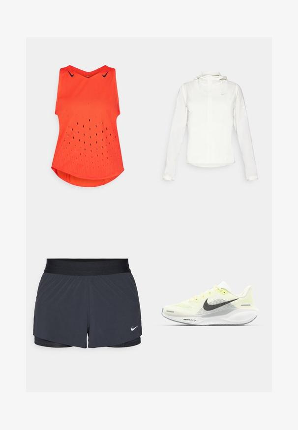 Weiße Nike-Jacke mit Kapuze, durchgehendem Reißverschluss, elastischen Bündchen und einem dezenten Logo auf der Brust. Glatte Textur und leichtes Design.; Oranges ärmelloses sportliches Shirt mit V-Ausschnitt, das kleine Belüftungsöffnungen hat und schwarze Nike-Logos auf den Schultern trägt.; Schwarze Sportshorts mit elastischem Bund, ausgestattet mit einem geschichteten Design und einem kleinen weißen Nike-Logo unten links. Leichtes Material.; Nike Laufschuhe mit einem hellgelben und weißen Mesh-Obermaterial, grauen Akzenten und einer flexiblen Gummisohle. Verfügt über einen Schnürverschluss.