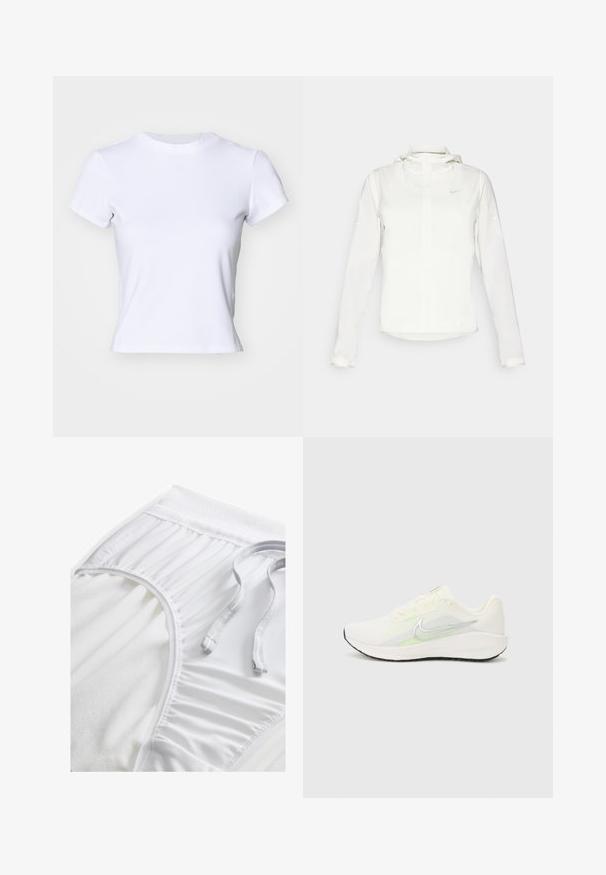 Fehér Nike dzseki kapucnival, teljes cipzárral, rugalmas mandzsettákkal és egy diszkrét logóval a mellkason. Sima textúrájú és könnyű kialakítású.; Fehér, puha anyagból készült póló, kerek nyakkivágással és rövid ujjakkal, testhezálló szabással és kis logóval a nyakkivágás közelében.; Fehér sportnadrág texturált derékpánttal, ráncolt oldali részletekkel és lapos húzózsinórral. Puha anyag sima felülettel.; Nike Performance DOWNSHIFTER 13 - Utcai futócipők - sail/silver-coloured photon dust/summit white/barely volt/black
