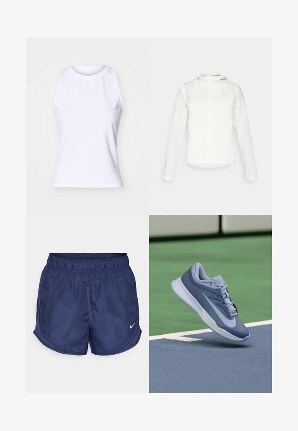 Valge Nike jakker, millel on kapuuts, täispikk tõmblukk, elastsed mansetid ja diskreetne logo rinnal. Sile tekstuur ja kerge disain.; Valge ilma varrukateteta T-särk, mis on valmistatud siledast puuvilla ja sünteetiliste kiudude segust. Omab ümmargust kaelust ja tagasihoidlikku logo tikandit keskosa ees.; Laevanduse spordilühikesed püksid elastse vööga ja külgmiste võrkdetailidega. Vasakul alapoole on väike valge Nike logo.; Spordijalatsid helesinises ja tumesinises värvitoonis, millel on tekstuuriga pealis, lame nööridega ja kerge valge tallaga. Üles tõstetud väljakupinna kohal.