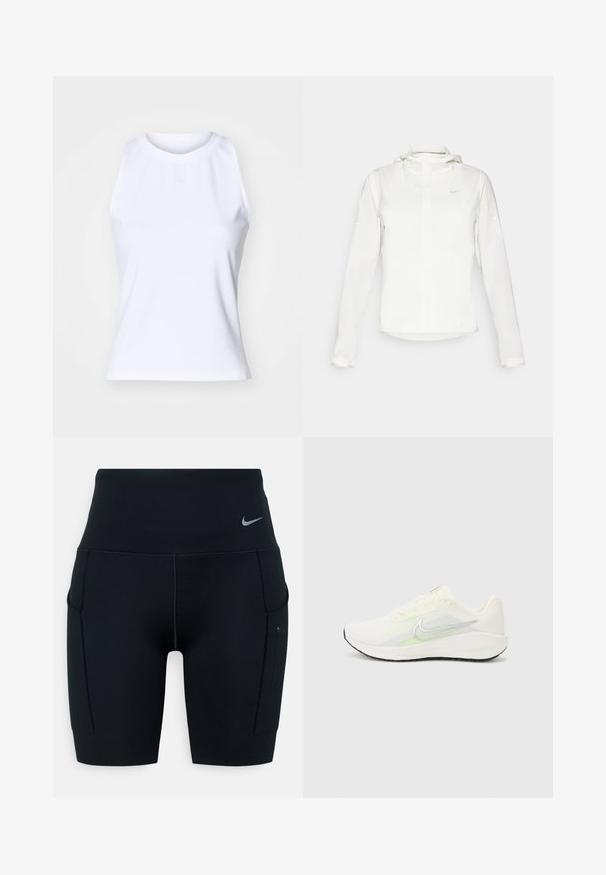 Hvid Nike-jakke med hætte, fuld lynlås, elastiske manchetter og et diskret logo på brystet. Glat tekstur og let design.; Hvid ærmeløs tanktop lavet af glat bomuldsblanding. Har en rund halsudskæring og diskret logo-broderi i midten foran.; Sorte højtaljede atletiske shorts lavet af strækbart materiale; har sidelommer og et lille Nike-logo på taljen.; Nike Performance DOWNSHIFTER 13 - Løbesko til landevejen - sail/silver-coloured photon dust/summit white/barely volt/black