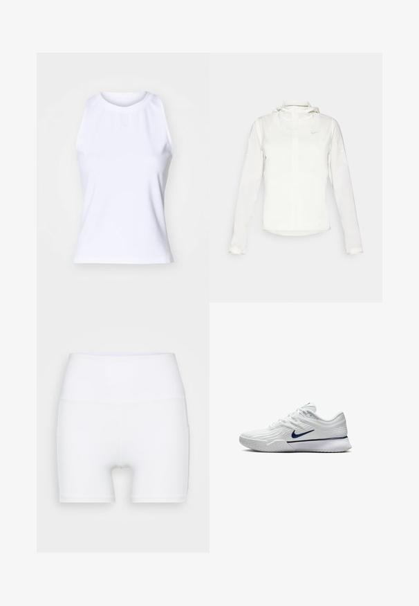 Giacca Nike bianca con cappuccio, zip completa, polsini elasticizzati e un logo discreto sul petto. Texture liscia e design leggero.; Canotta bianca senza maniche realizzata in morbido tessuto misto cotone. Presenta un collo rotondo e un sobrio ricamo del logo al centro davanti.; Pantaloni corti bianchi a vita alta realizzati in tessuto elasticizzato. Presentano una texture liscia e un design aderente, senza ulteriori motivi o accessori.; Scarpa sportiva bianca con tomaia in mesh testurizzato, accenti blu navy e suola imbottita con una superficie di presa a motivo. Lacci integrati nel design.